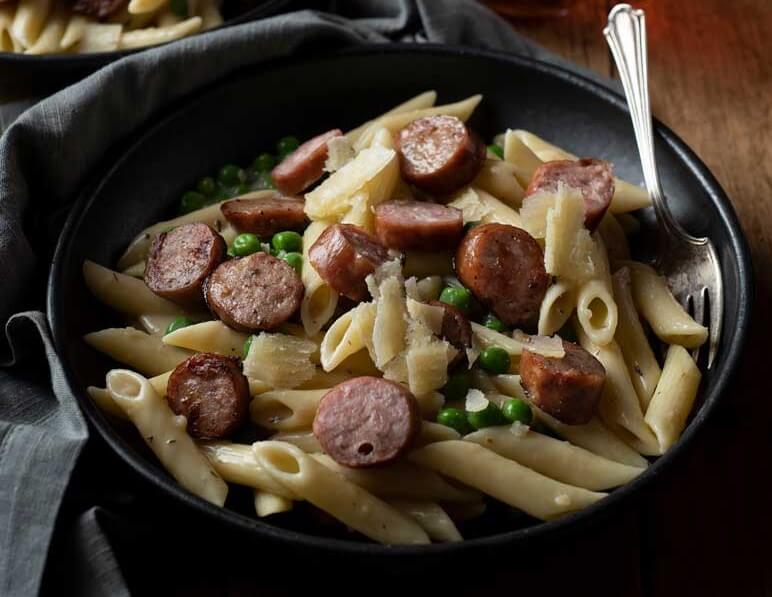 Creamy Penne Pasta with Sausage and Peas Niman Ranch